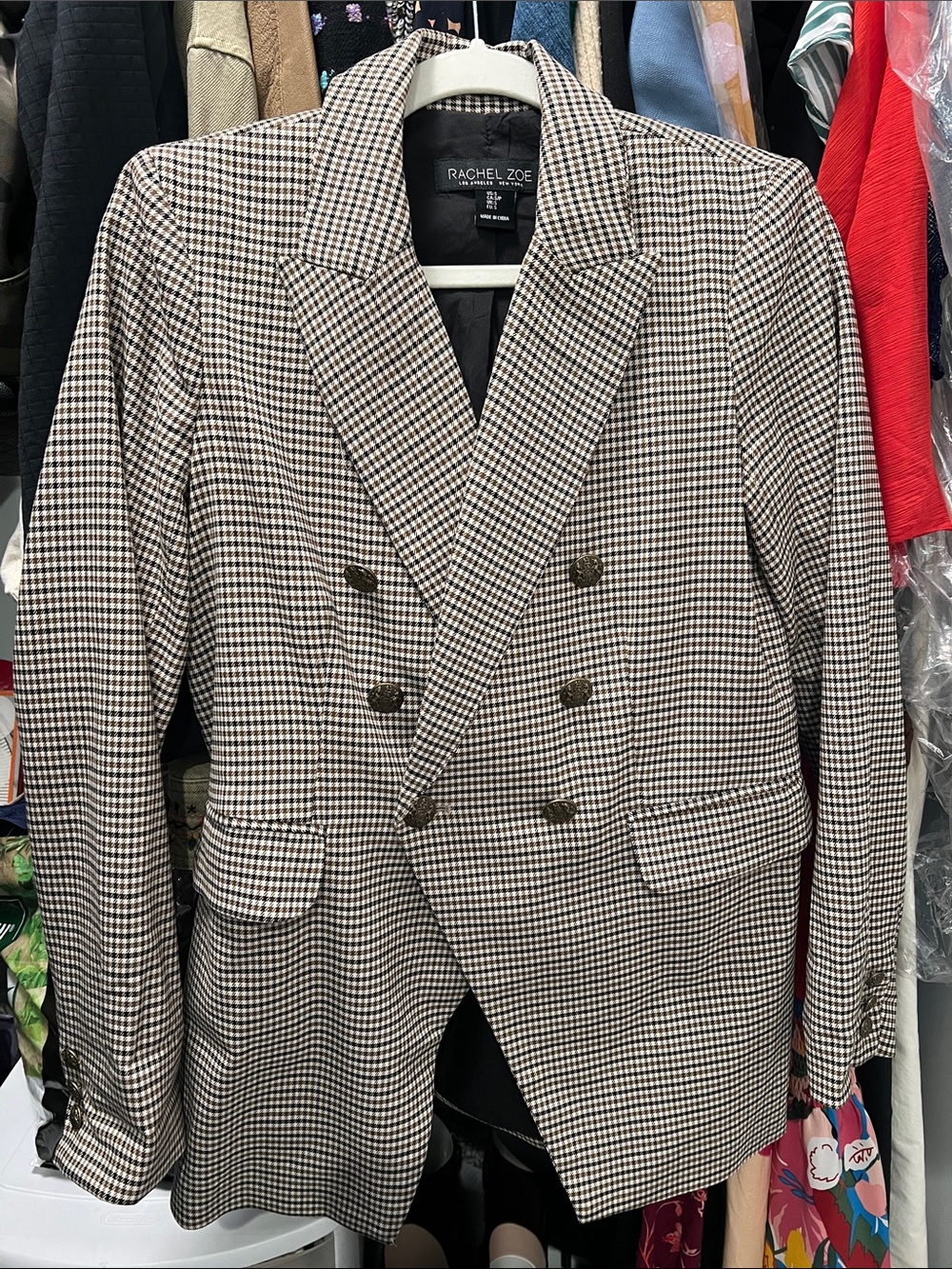 Rachel Zoe Brown & Black Houndstooth Double-Breasted Blazer